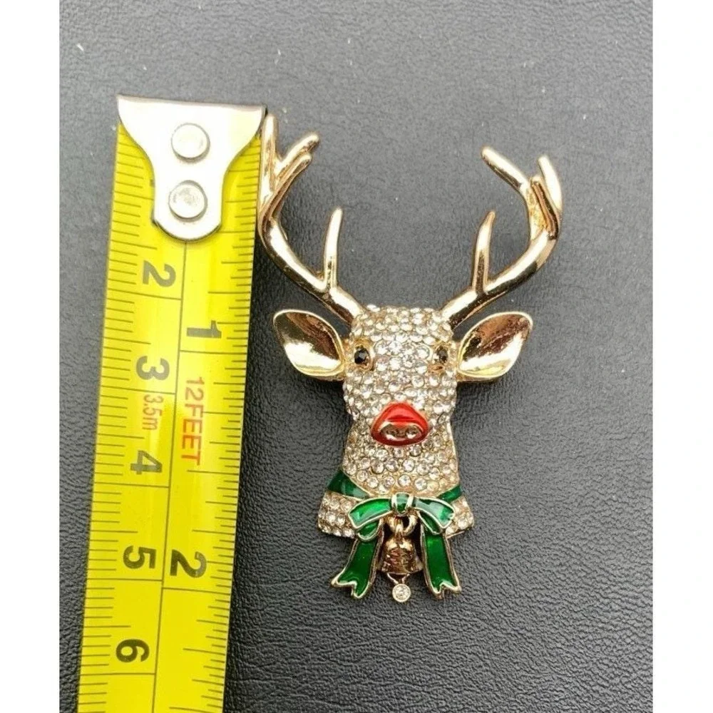 Napier Gold Tone Clear‎ Rhinestone Enamel Red Nose Christmas Reindeer Brooch Pin